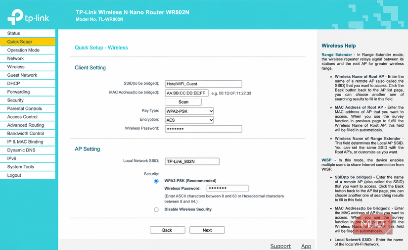 The TP Link travel router quick setup interface.