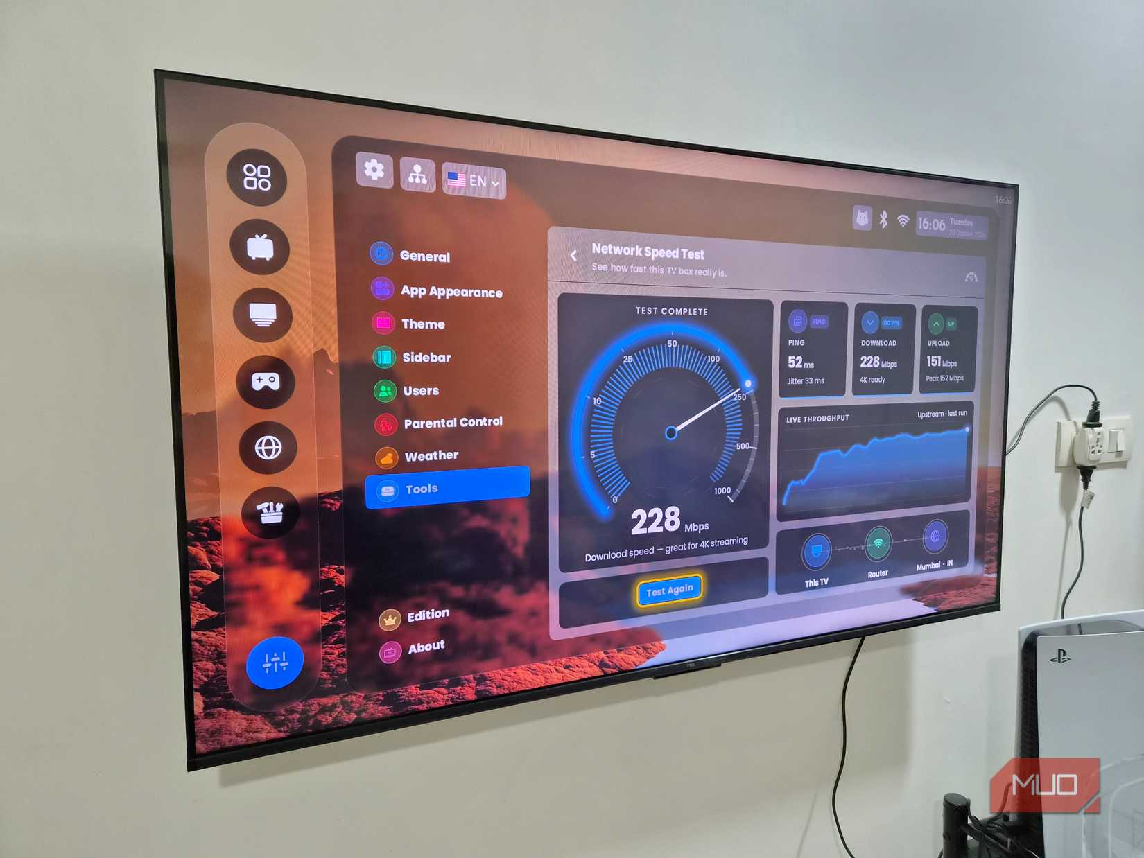TV Launcher showing speed test results