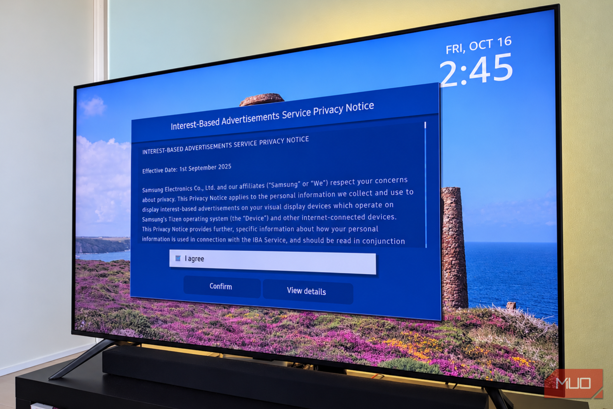 A Samsung TV displaying an ads privacy notice.