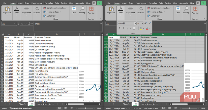 Two Excel sheets placed side by side with different fonts. 