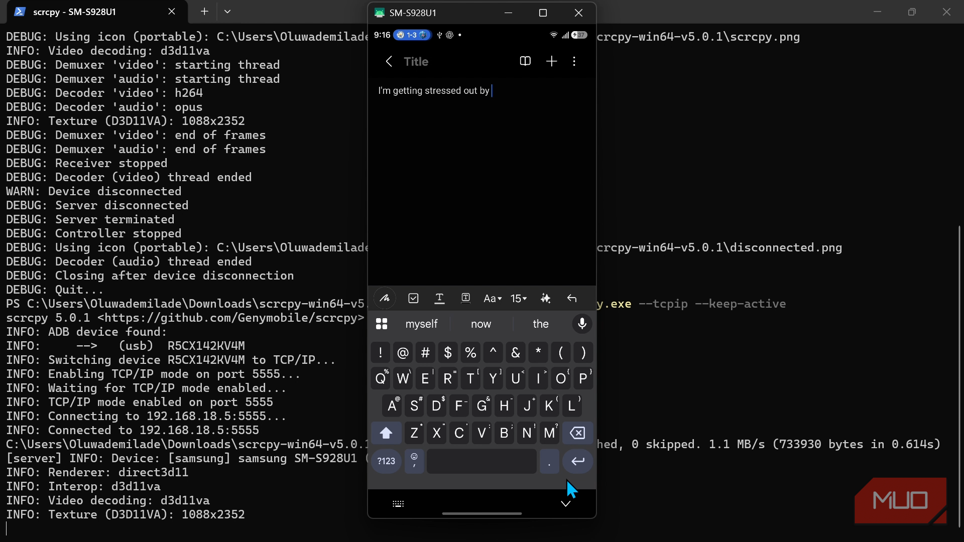 Ввод текста с клавиатуры ПК в приложении заметок на Android