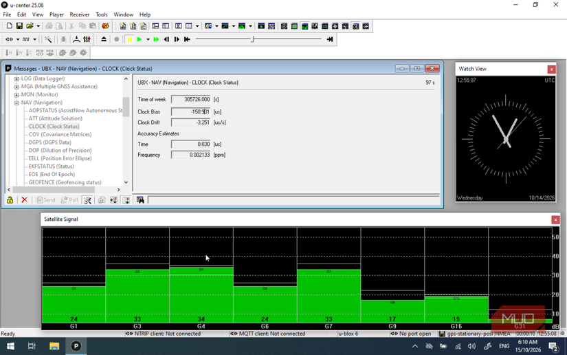 u-center displaying receiver clock bias, drift, and timing estimates alongside a UTC clock and satellite signal levels