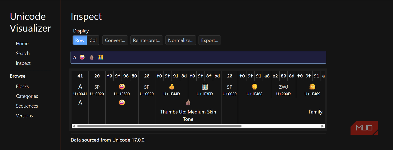Unicode Visualizer showing the code points for A, a grinning face emoji, a thumbs-up emoji with skin tone, and a family emoji sequence.