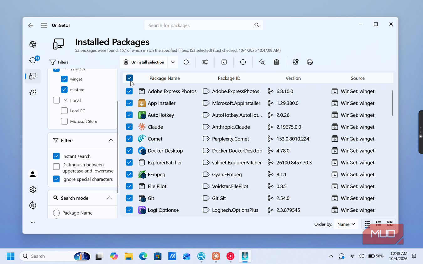 unigetui installed packages list winget widget manager