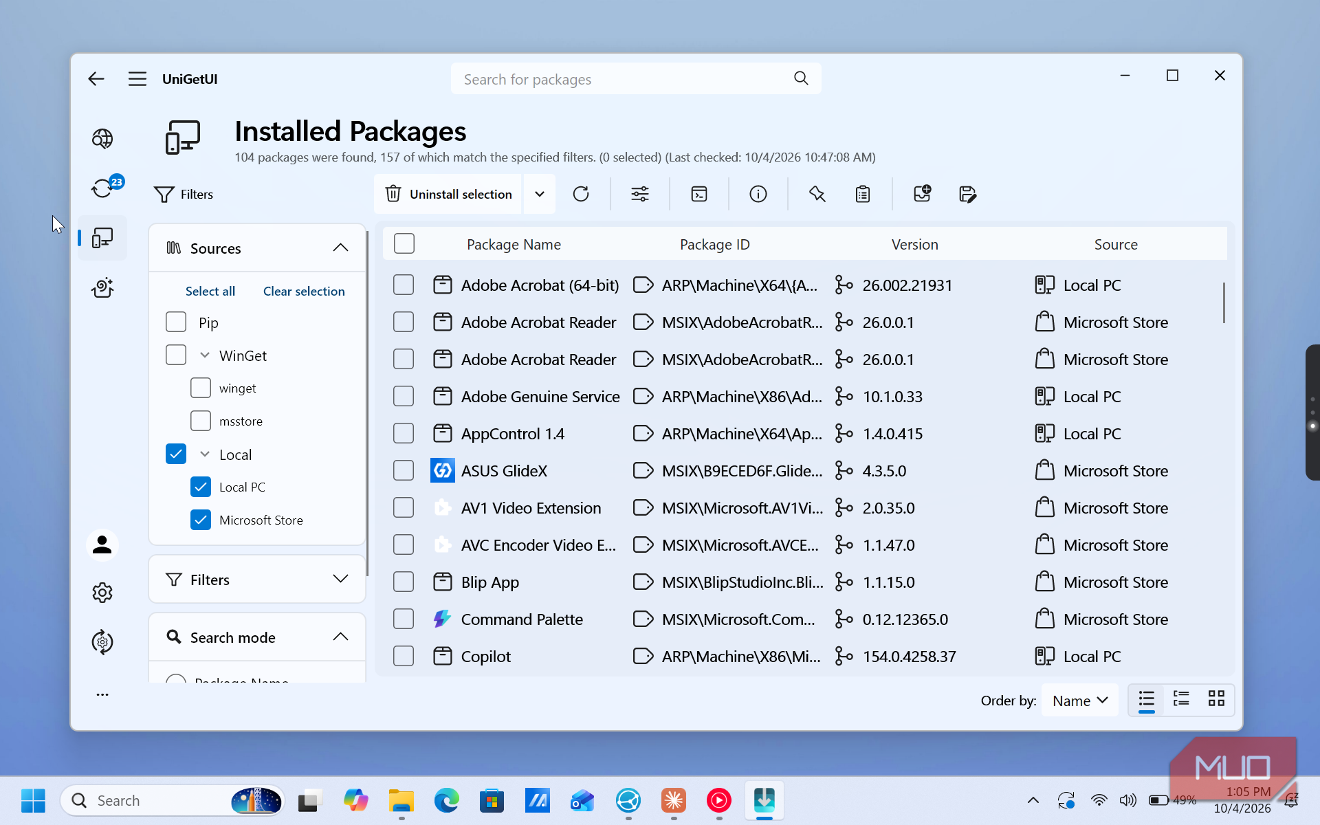 unigetui installed packages list with adobe acrobat and microsoft store applications