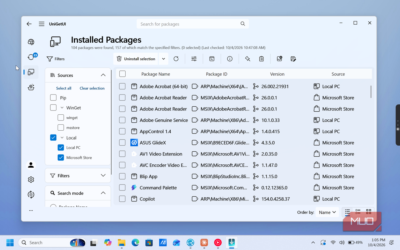 unigetui installed packages list with adobe acrobat and microsoft store applications