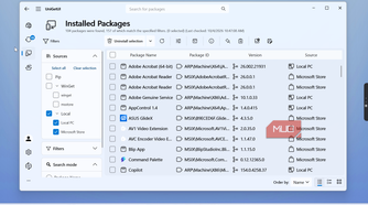 unigetui installed packages list with adobe acrobat and microsoft store applications