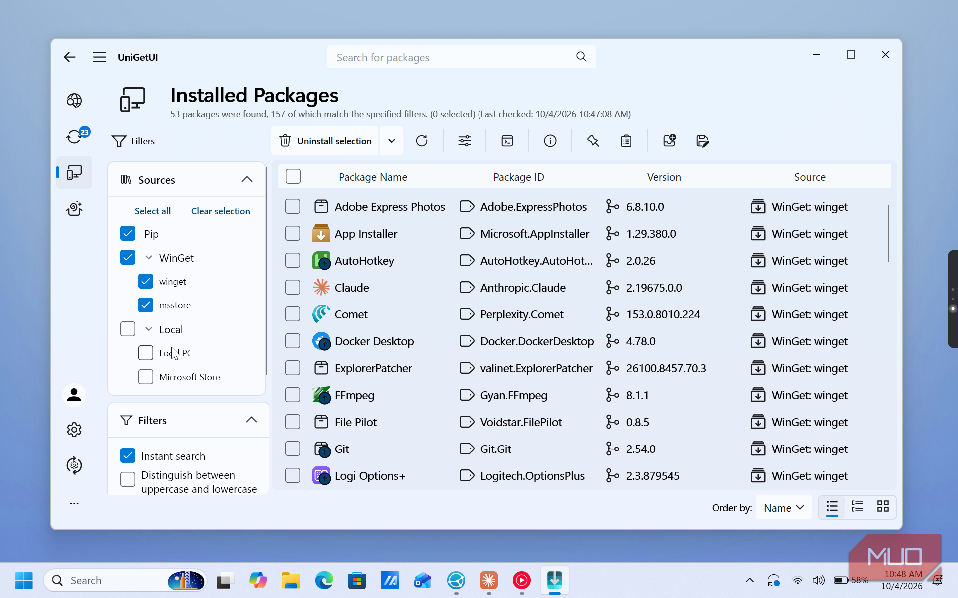 unigetui installed packages list with software applications-1