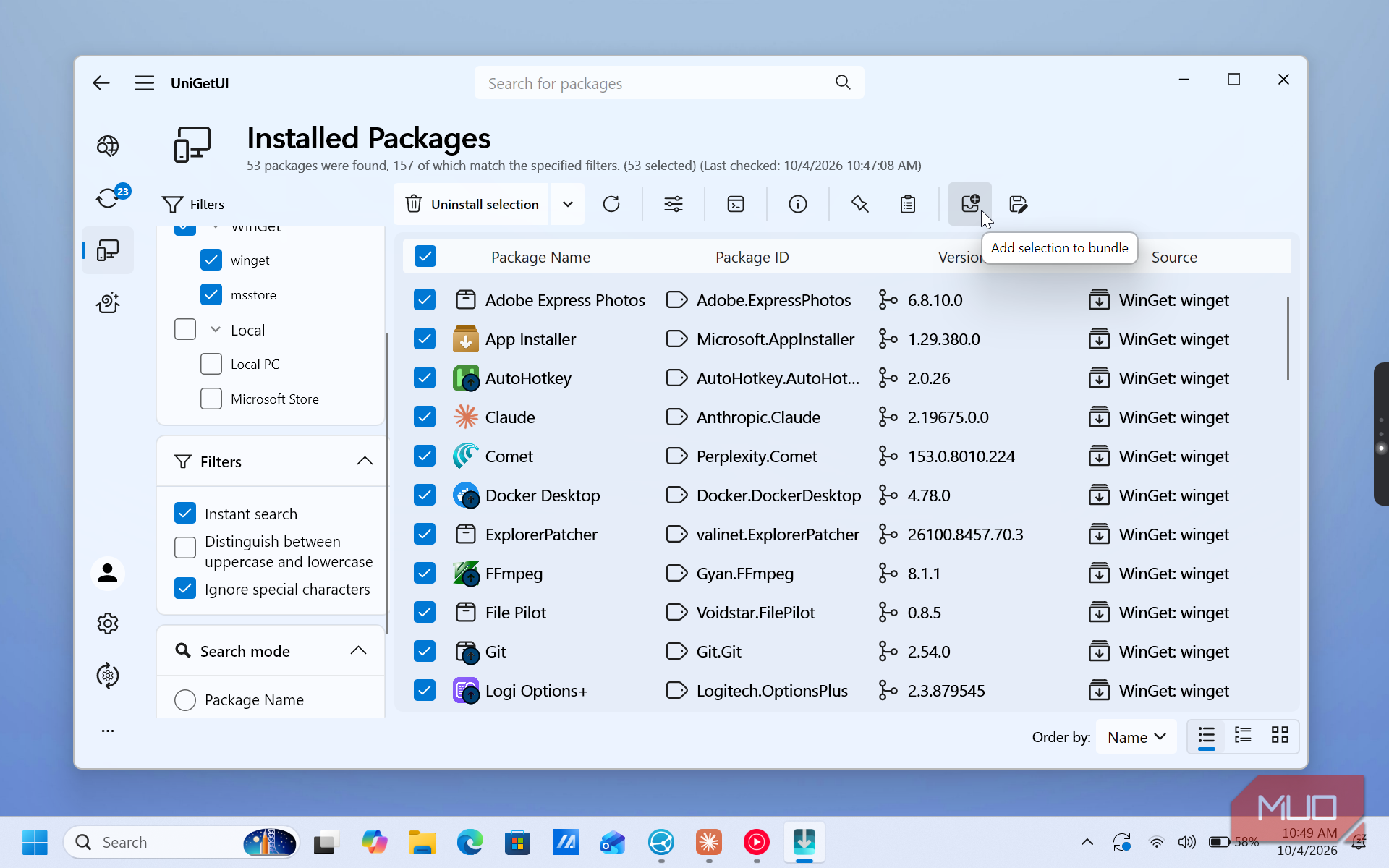 unigetui installed packages list with software applications