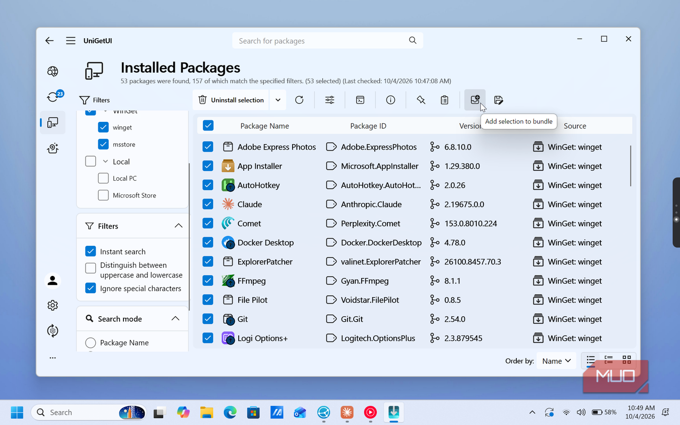 unigetui installed packages list with software applications