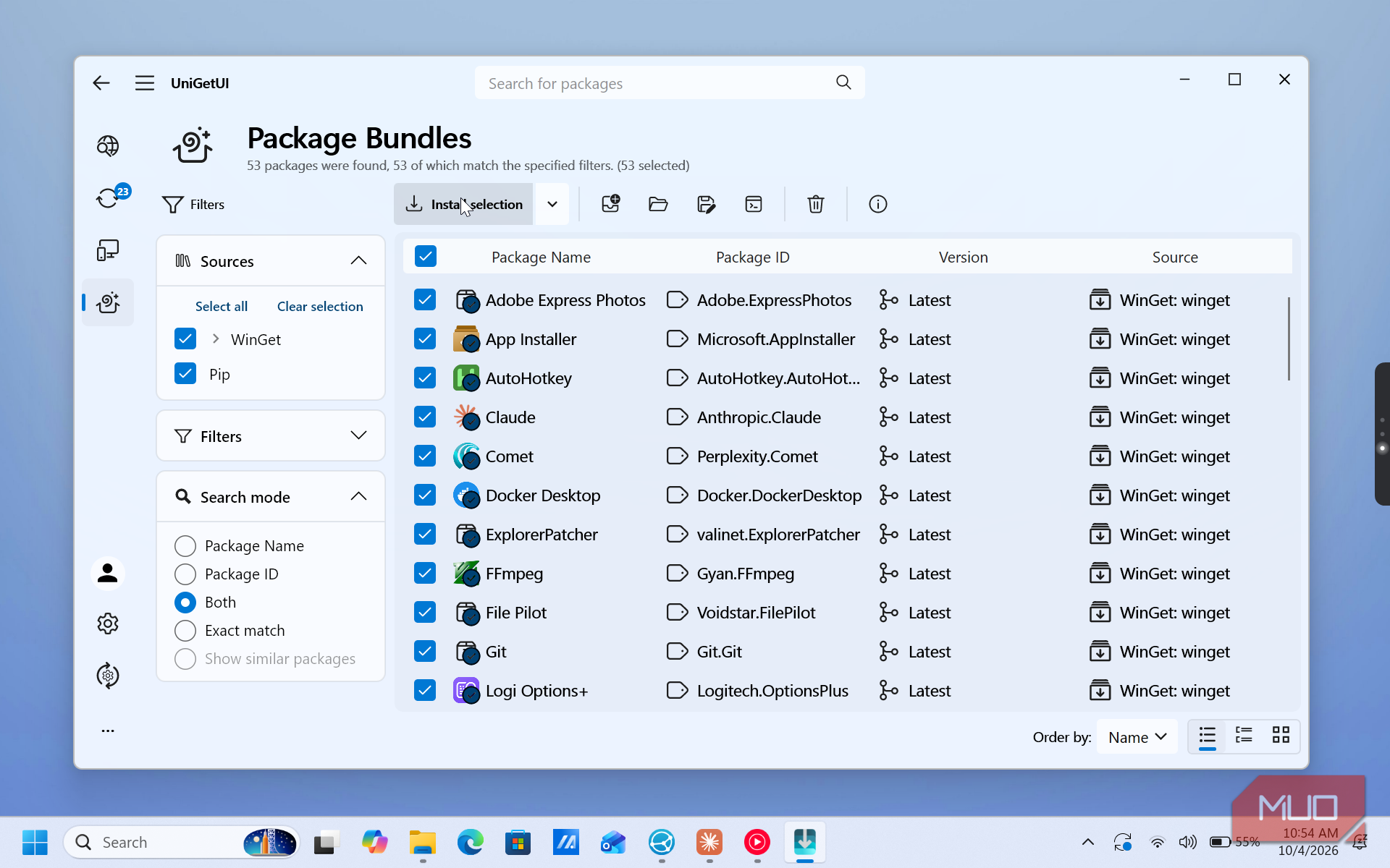 unigetui package bundles software installation list with 53 selected packages
