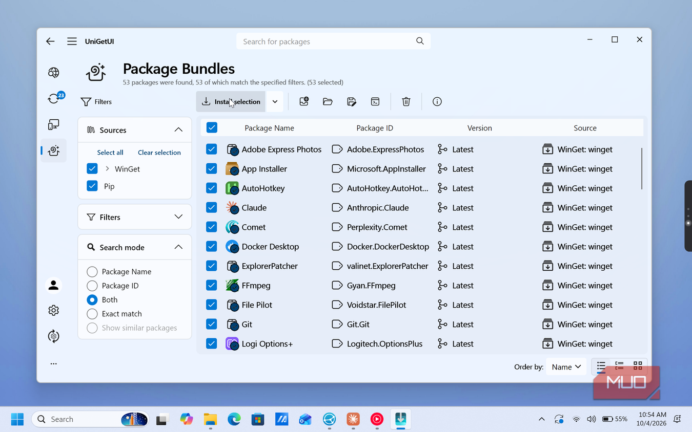 unigetui package bundles software installation list with 53 selected packages