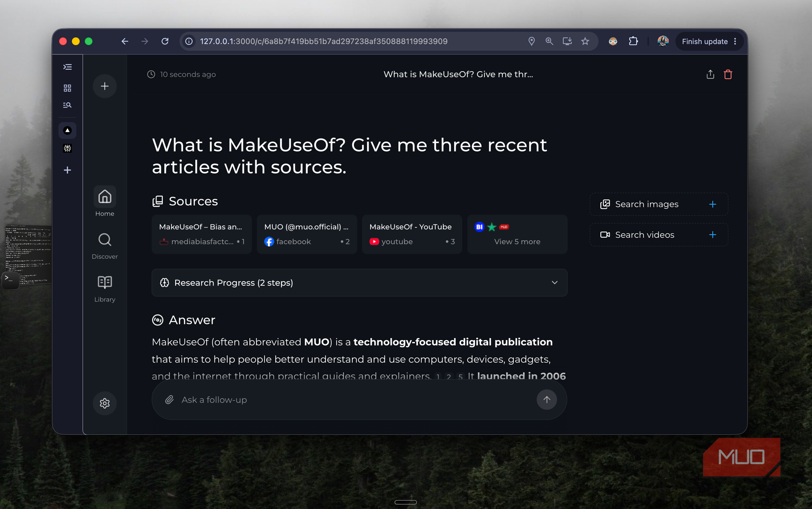 Vane answer describing MakeUseOf as a technology publication with source cards above