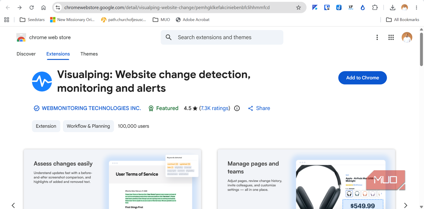 Страница сервиса Visualping Панель управления мониторингом страниц в Visualping