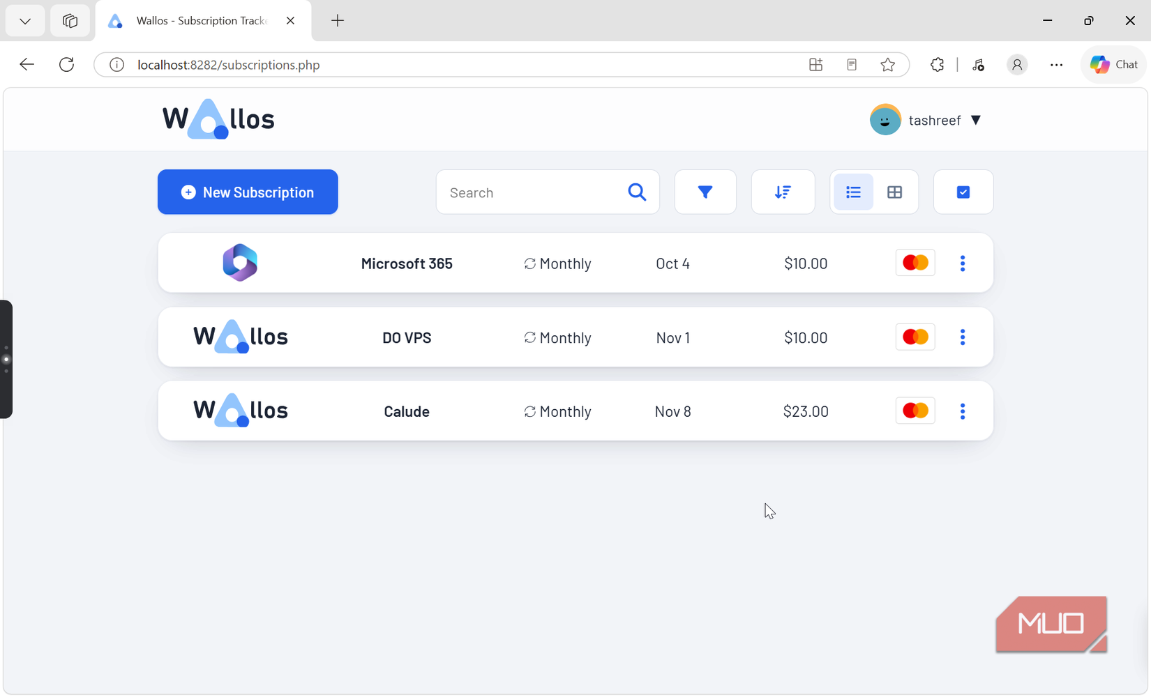 wallos subscription tracker dashboard showing microsoft 365 do vps claude monthly subscriptions