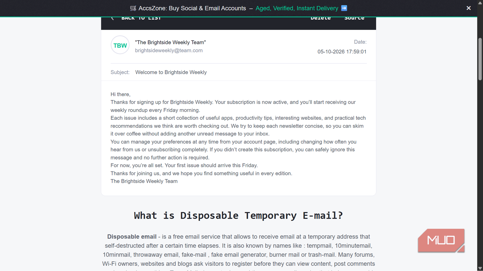 Welcome email from Brightside Weekly