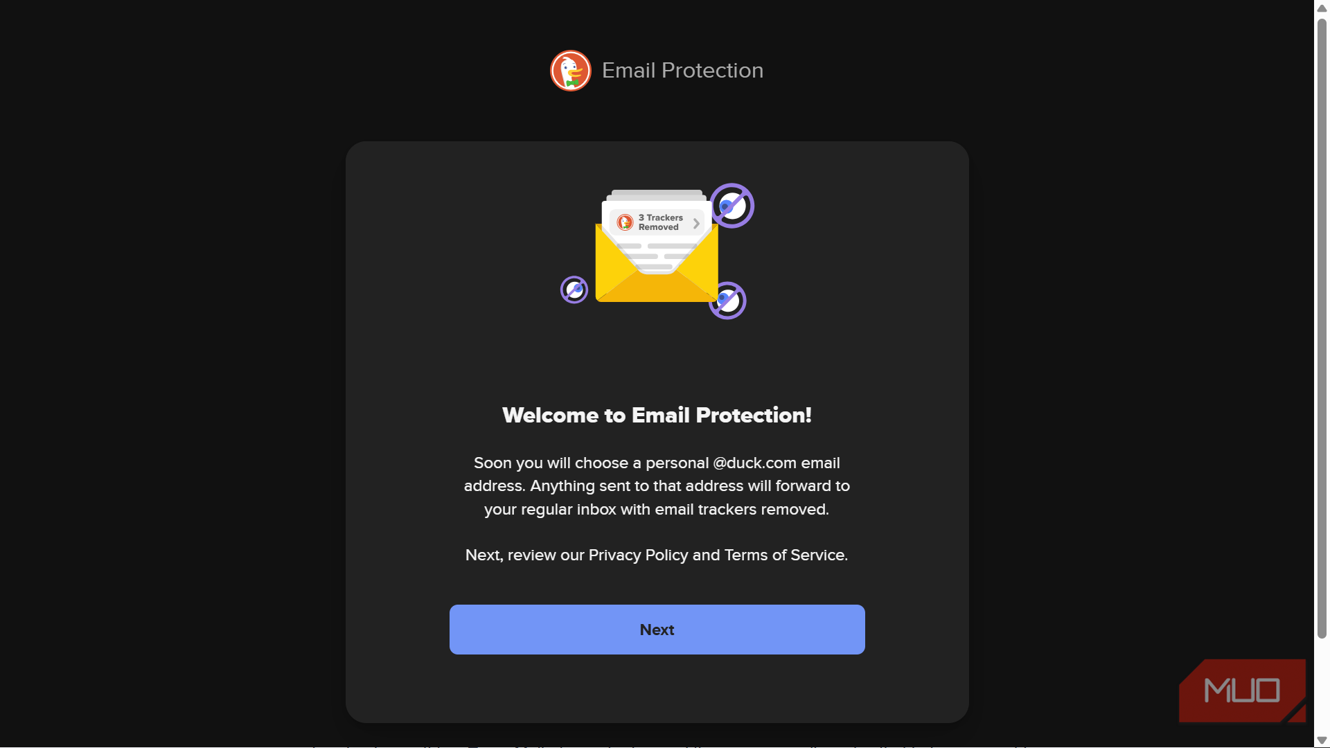 Welcome screen for DuckDuckGo Email Protection setup