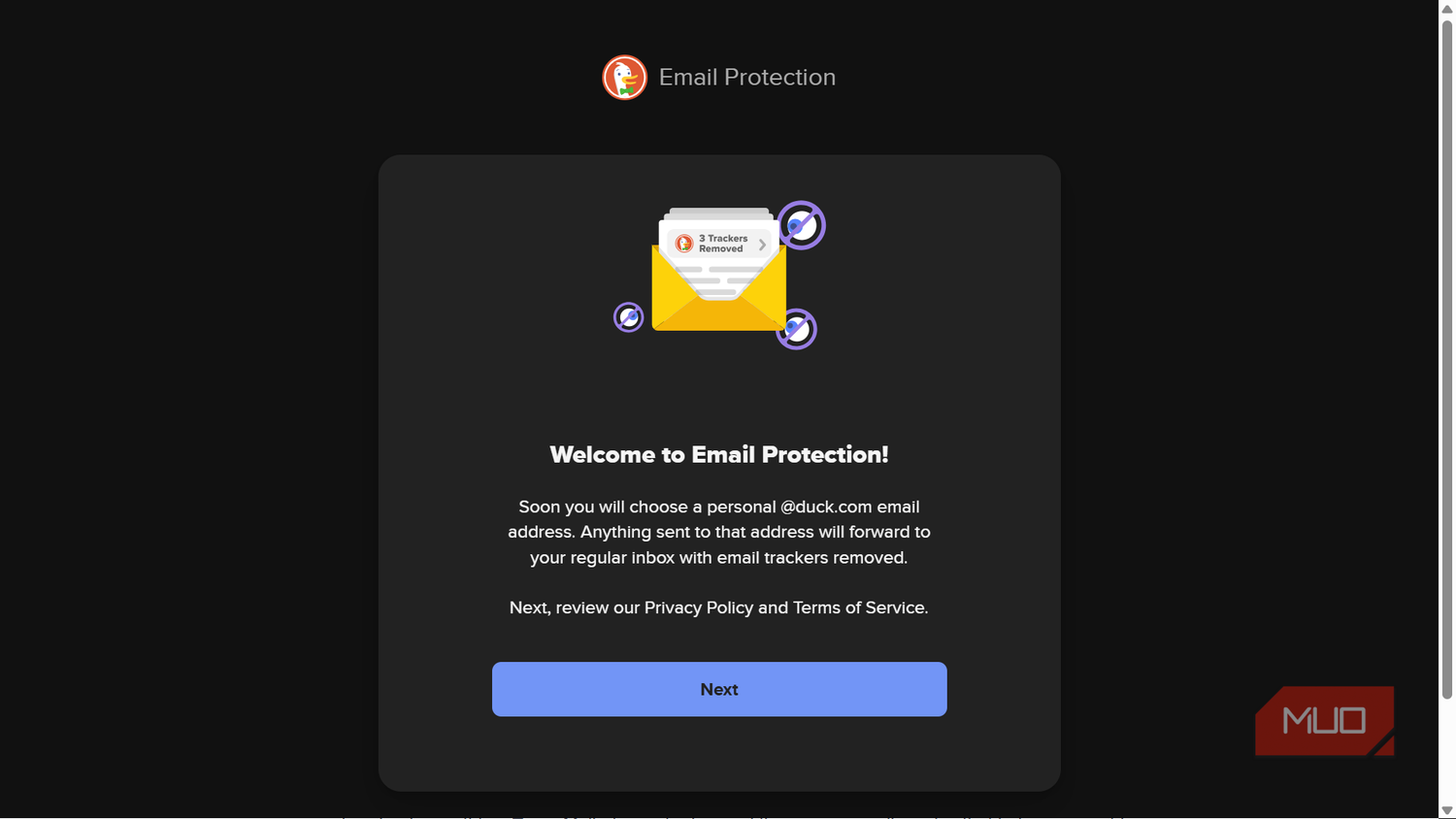 Welcome screen for DuckDuckGo Email Protection setup
