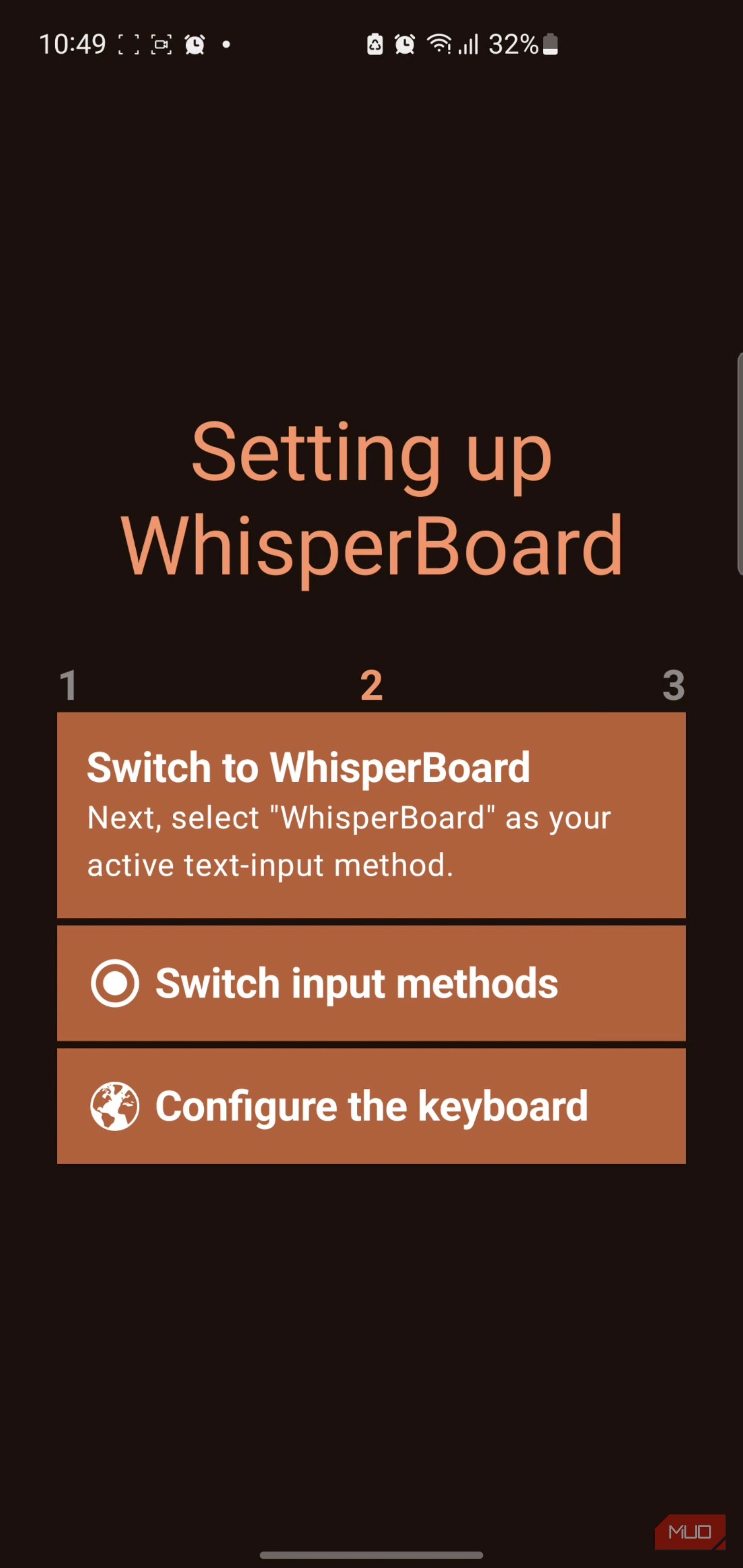 Переключение метода ввода для использования клавиатуры WhisperBoard