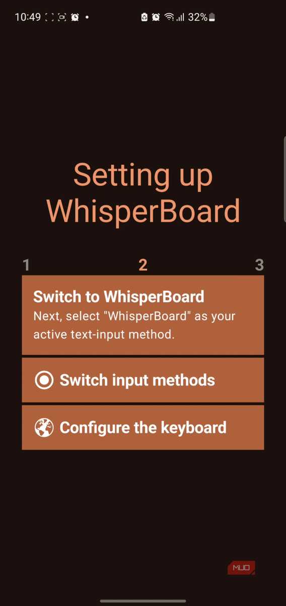 Switch input method setup Переключение метода ввода для использования клавиатуры WhisperBoard