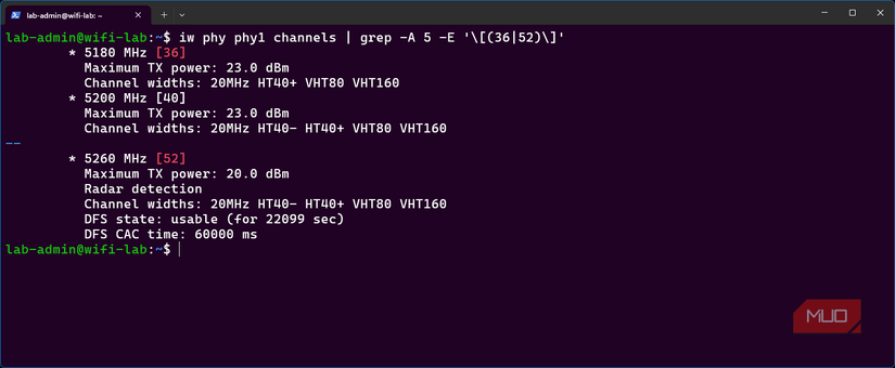 Linux virtual Wi-Fi radio comparing non-DFS channel 36 with channel 52, which requires radar detection and a 60-second channel availability check