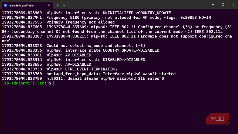 Ubuntu hostapd log rejecting non-DFS channel 36 for access point operation because of the NO-IR restriction