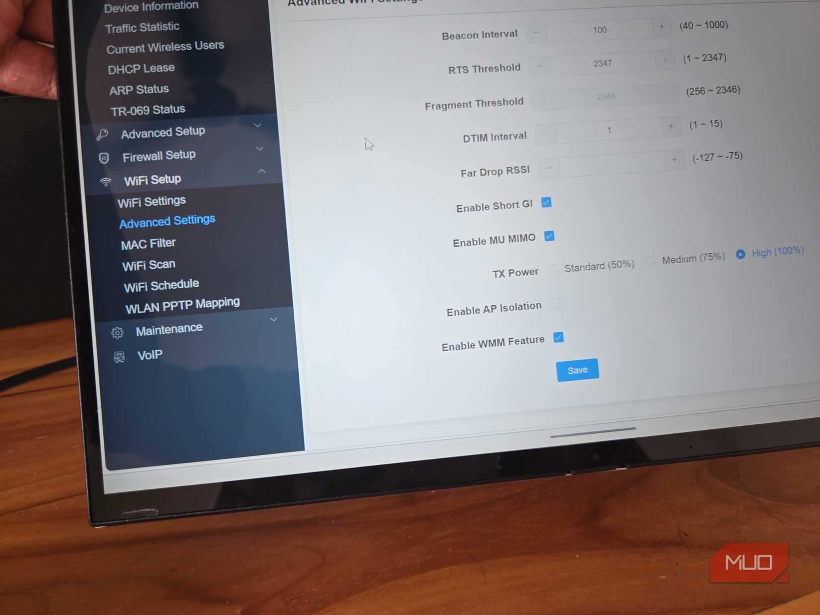 wifi router advanced settings configuration interface with beacon interval and rssi parameters