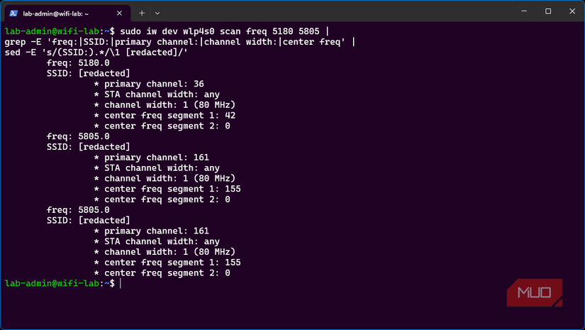 Ubuntu Wi-Fi scan showing networks on primary channels 36 and 161, each advertising an 80 MHz channel width, with network names redacted for privacy