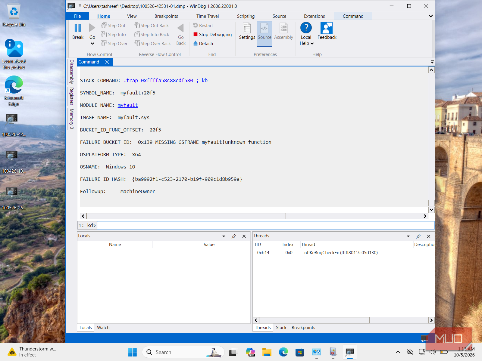 windbg debugger analyzing myfault crash dump with stack command output