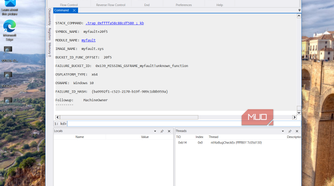 windbg debugger analyzing myfault crash dump with stack command output