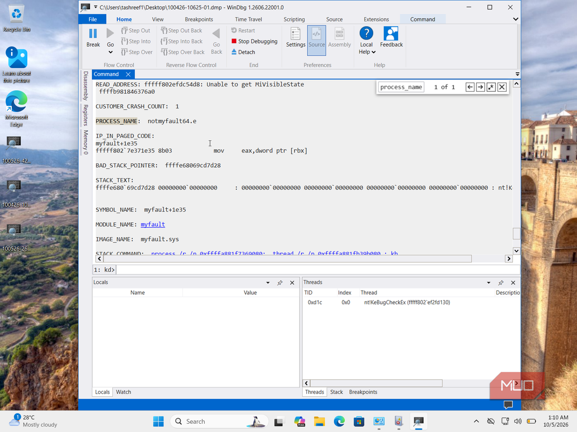 windbg debugger crash dump analysis myfault module error