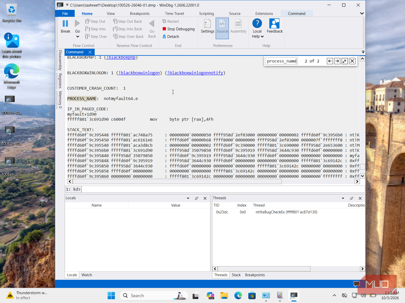 windbg debugger displaying crash dump analysis with stack trace and memory data