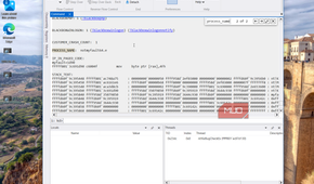 windbg debugger displaying crash dump analysis with stack trace and memory data
