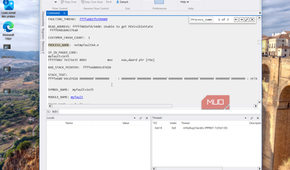 windbg debugger session showing process crash dump analysis