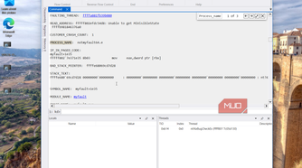 windbg debugger session showing process crash dump analysis