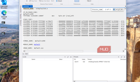 windbg debugging session with stack trace and process information displayed