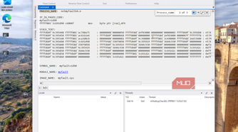 windbg debugging session with stack trace and process information displayed