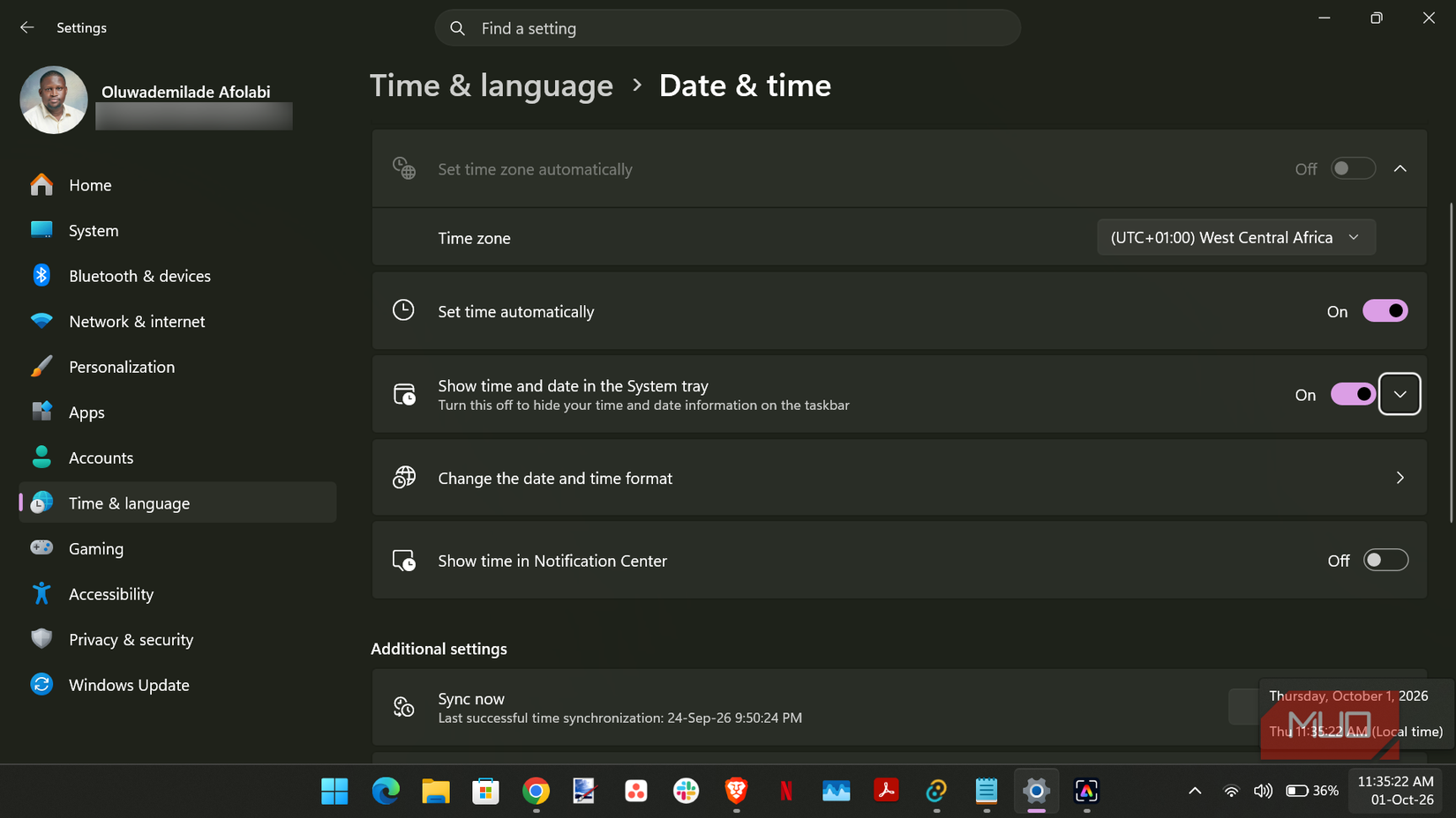 Windows 11 Date and time settings menu.
