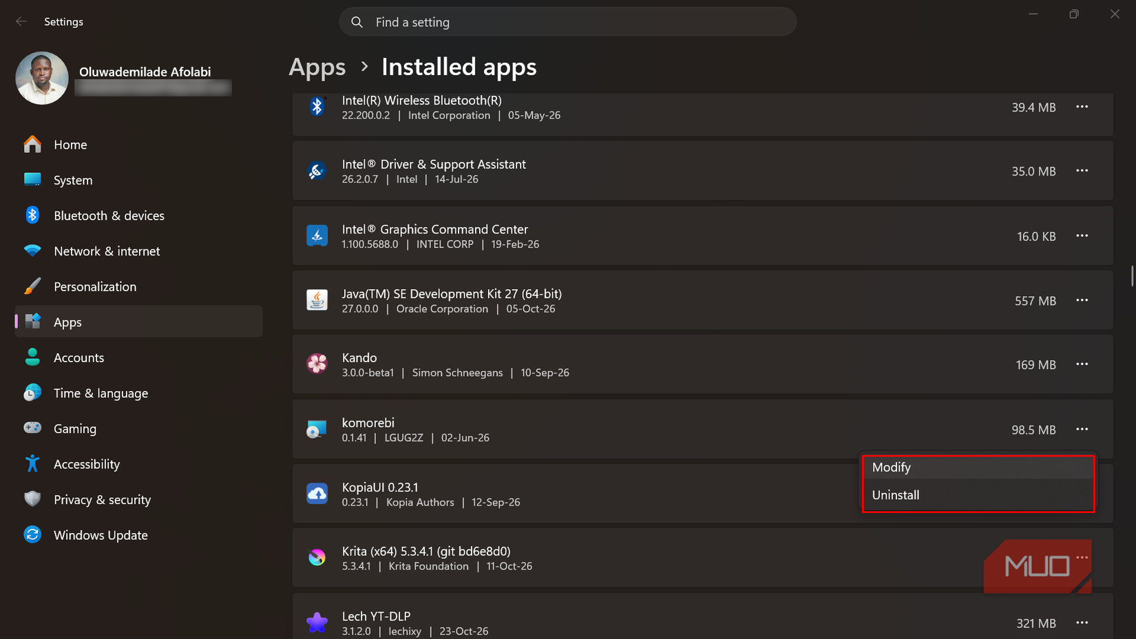 Windows 11 Installed apps page with the Modify option highlighted for a program