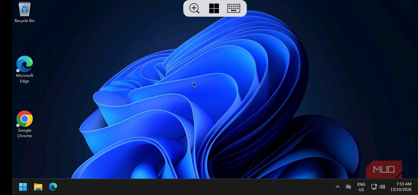 Windows App on Android displaying a remote Windows 11 desktop in landscape, with zoom, Windows, and keyboard controls at the top