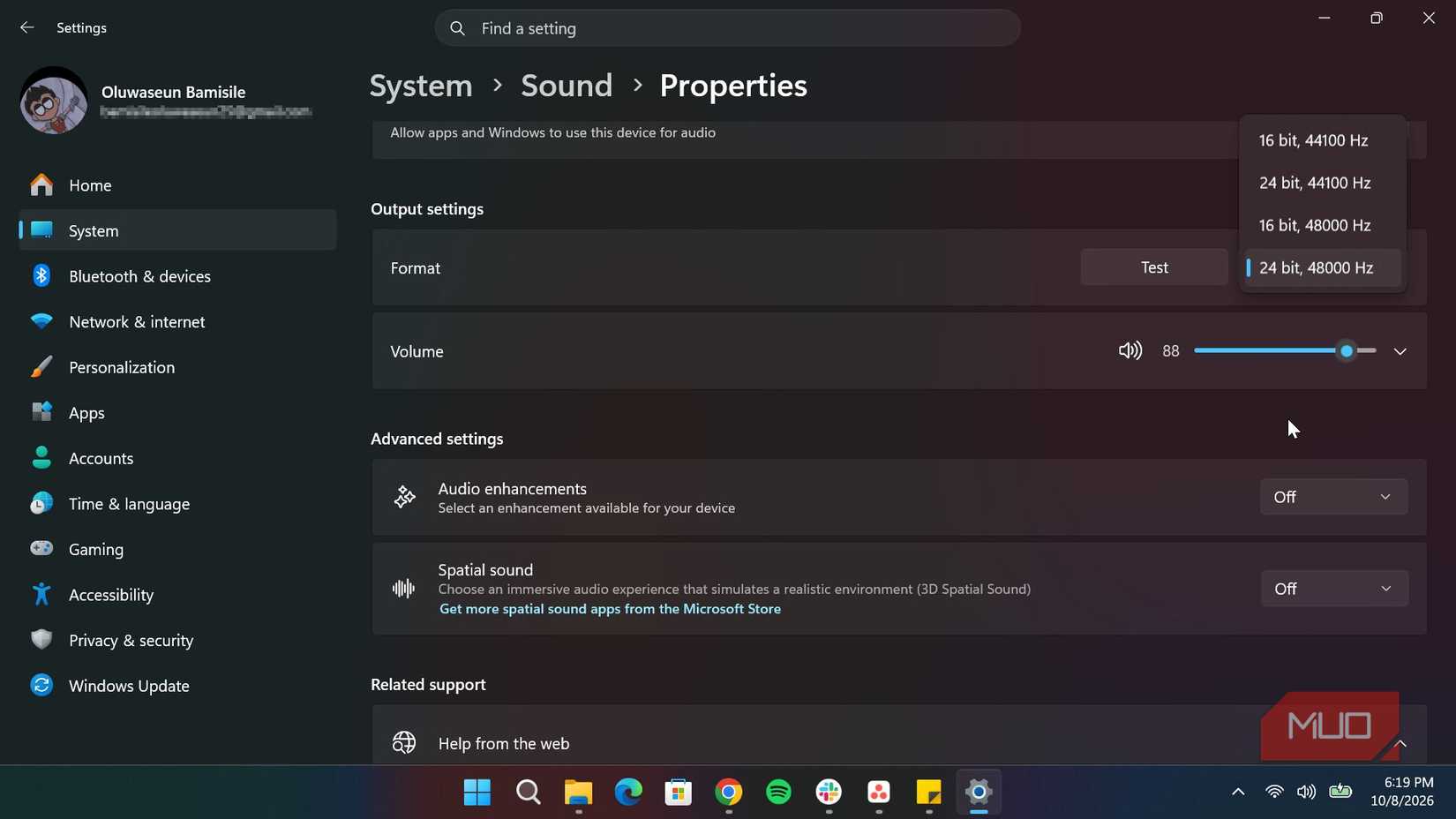 Windows bit depth and sample rate setting