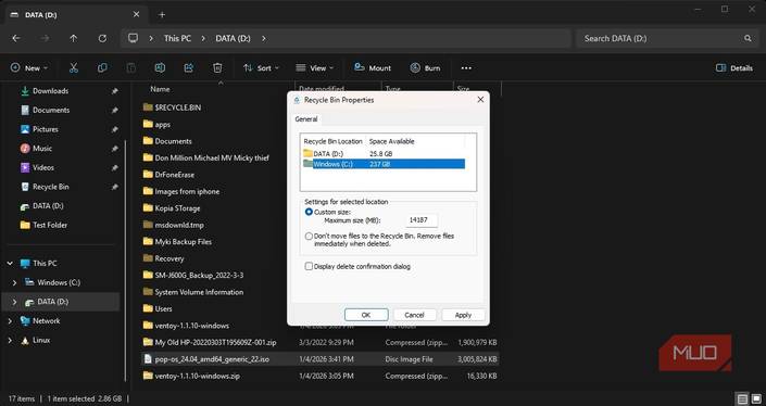 Файл слишком велик для корзины Предупреждение Windows об удалении слишком большого файла