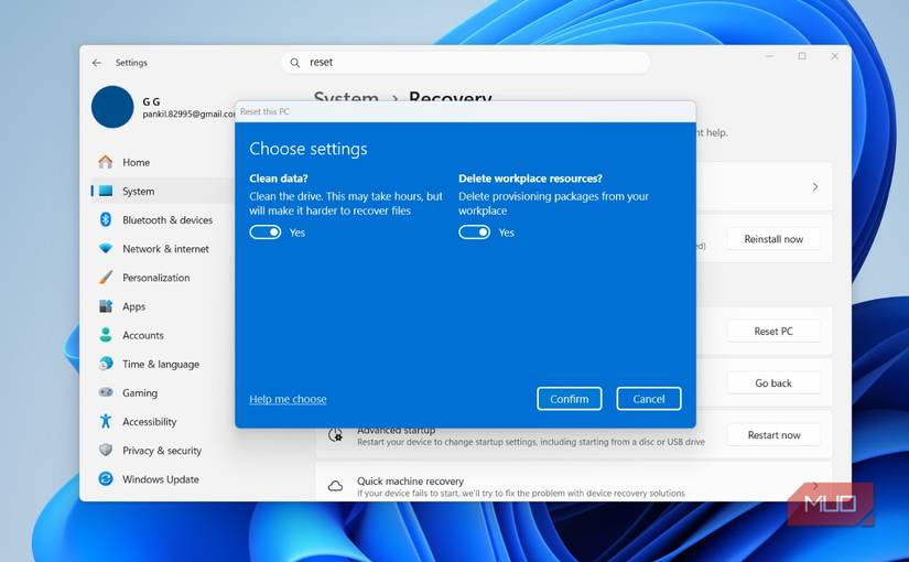 Windows complete reset option