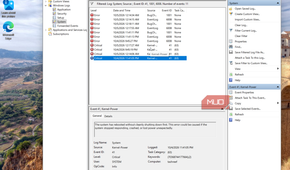 windows event viewer system log displaying critical kernel power error events