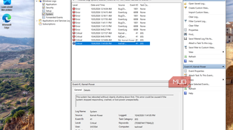 windows event viewer system log displaying critical kernel power error events