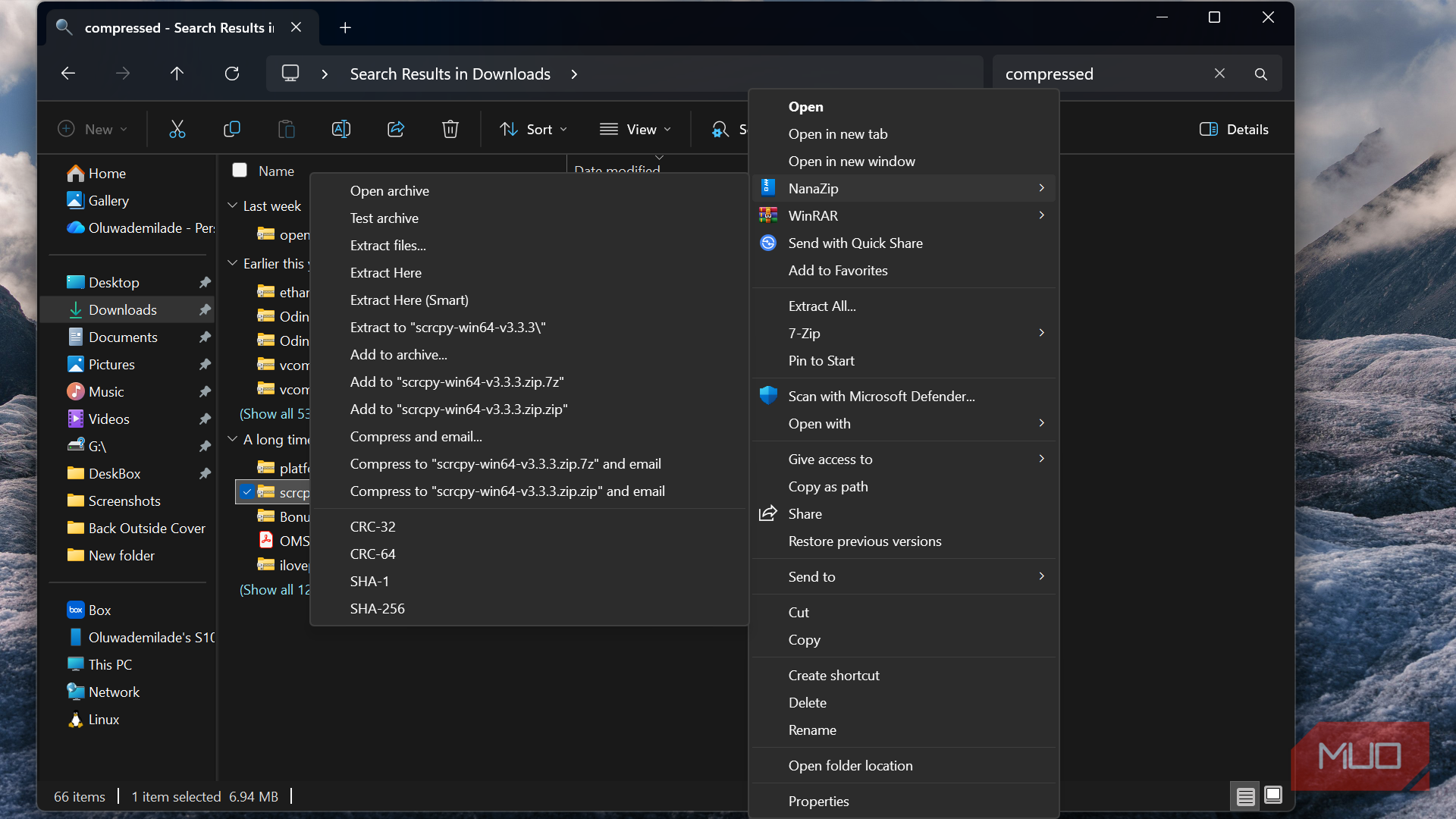 Windows file explorer context menu with extraction options