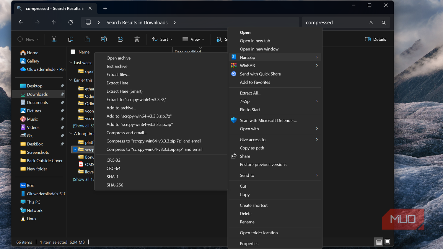 Windows file explorer context menu with extraction options