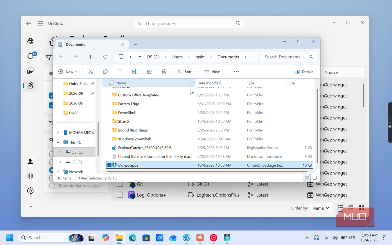 windows file explorer documents folder with unigetui package manager interface
