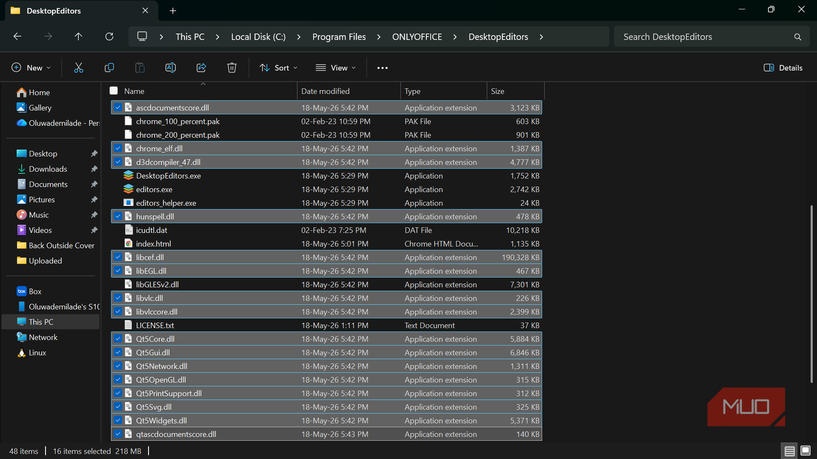 Windows File Explorer showing an EXE alongside several DLL files