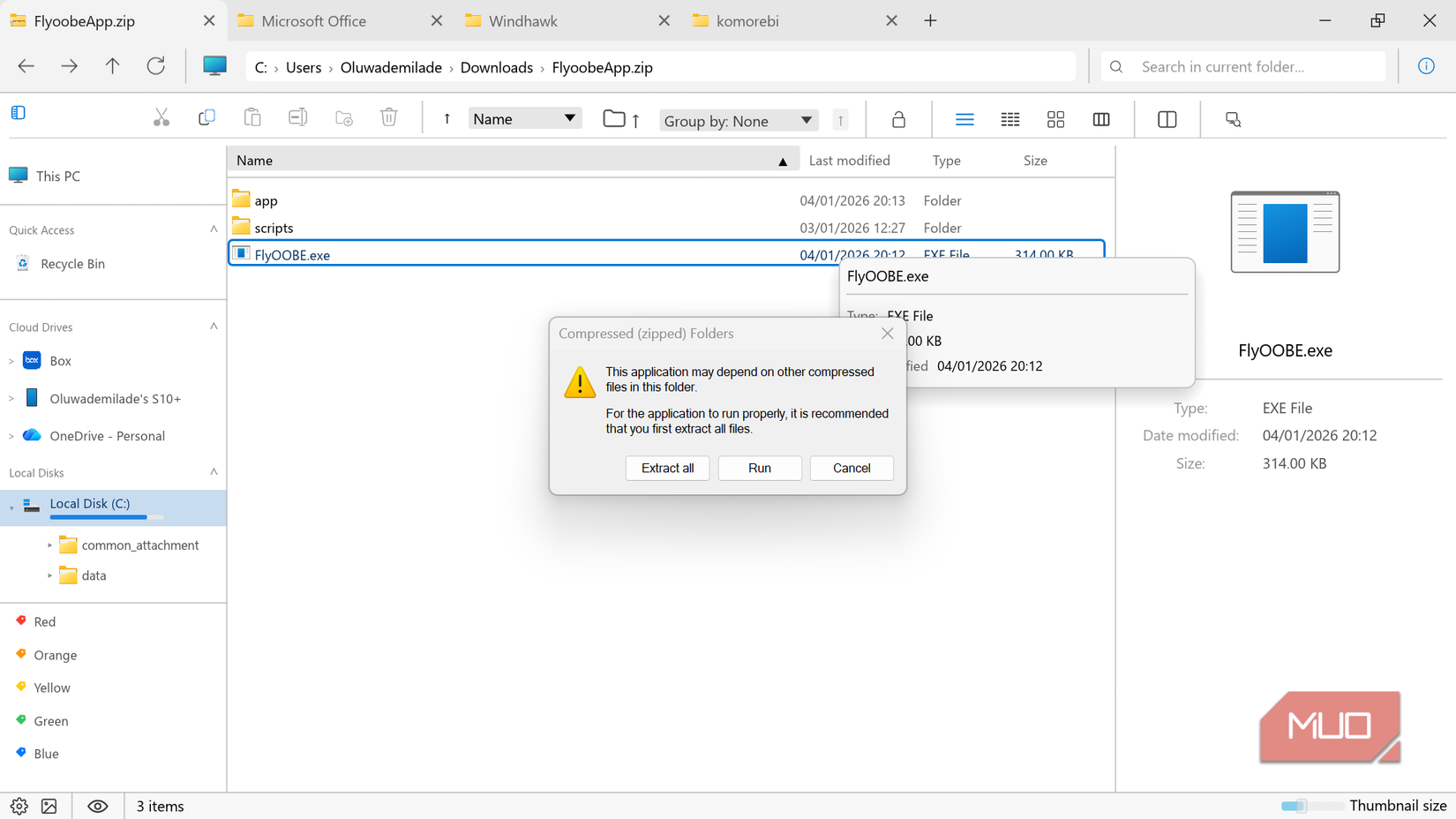 Windows file explorer showing compressed folder warning